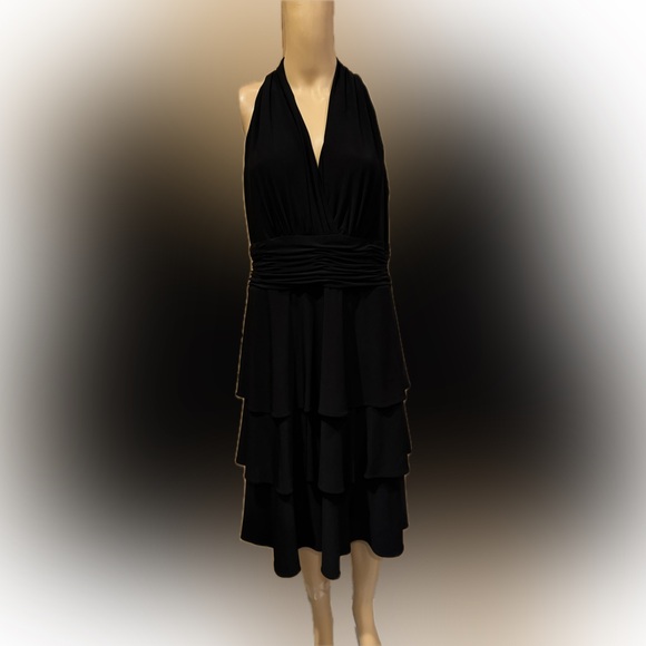 Evan Picone Black Halter Top V-Neck 3 Tier Midi Dress SZ 12 - Picture 1 of 6